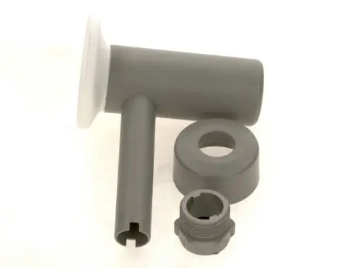 Ablauftrichter mit Syphon von Bosch, bestehend aus mehreren grauen Kunststoffteilen, einschließlich eines Trichters, einer Verbindung und einer Schraubkappe.